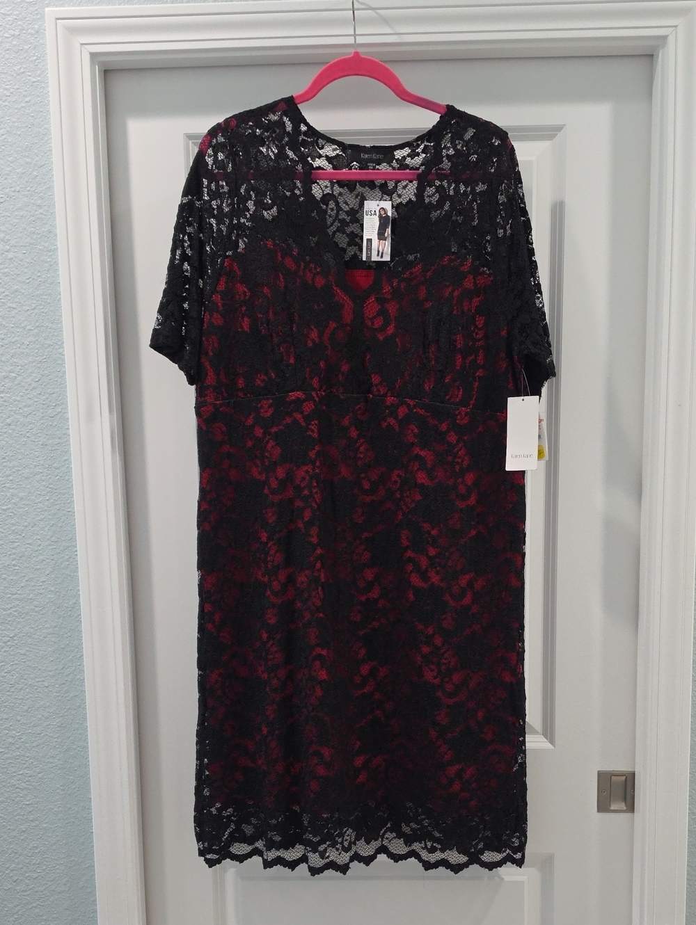 Sexy Karen Kane Black Lace Dress with Red Attached Sheath